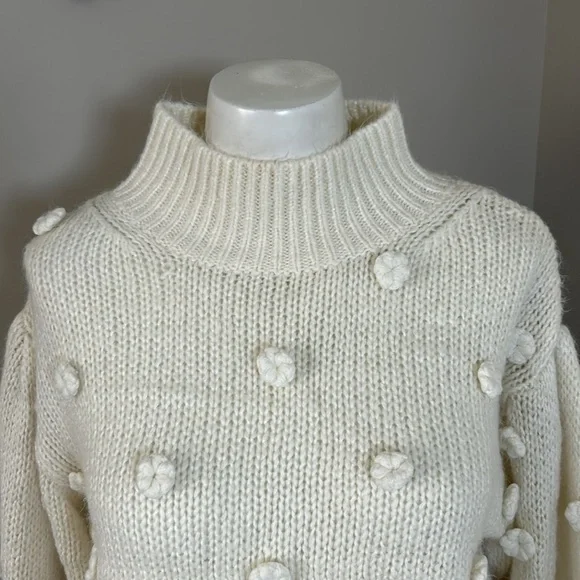 Farm Rio Floral Applique Lantern Sleeve Sweater Cream Mock Neck Trendy Sz S - Picture 5 of 16